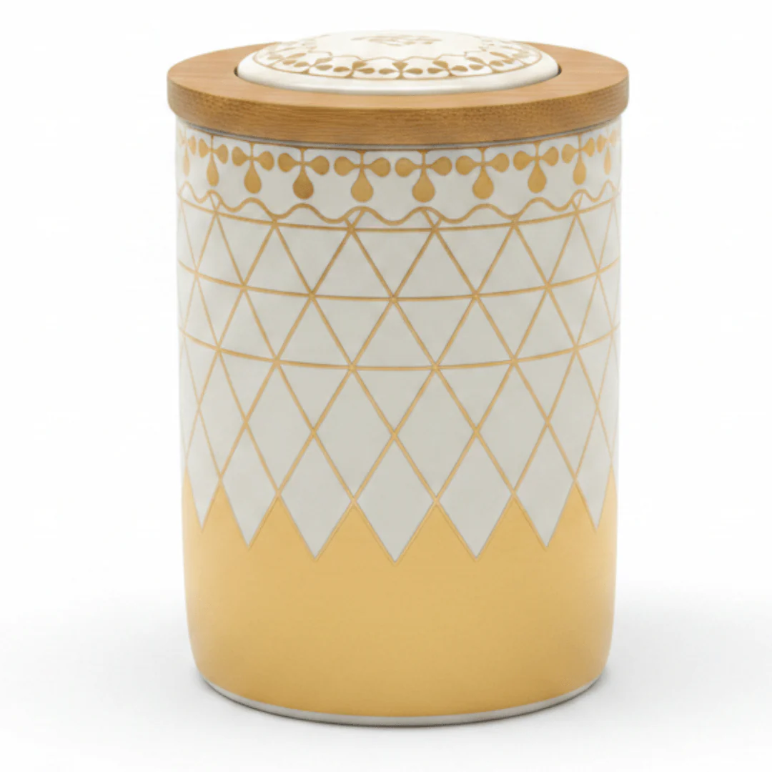 Cream & Gold Ceramic Canister with Wooden & Ceramic Lid | 15×10cm