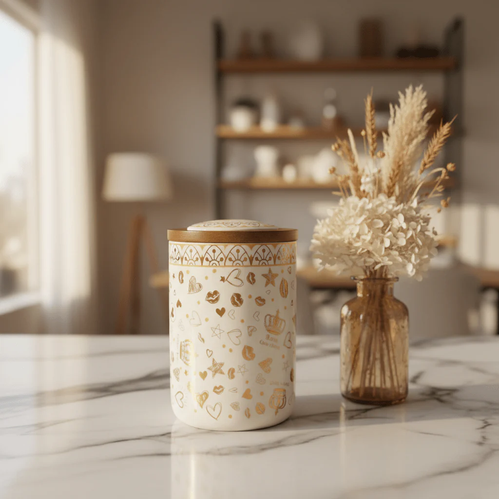 Cream & Gold Ceramic Canister with Lid | 15×10cm - Image 2