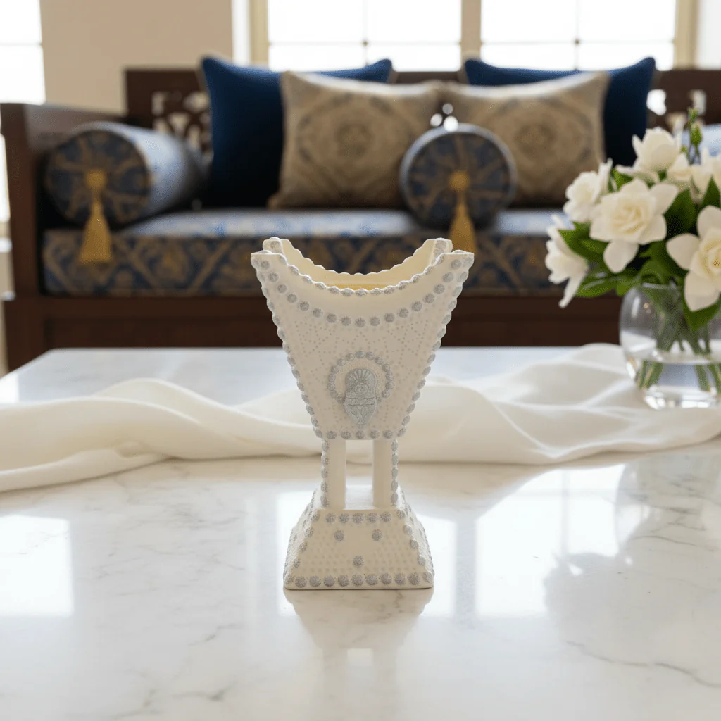 Cream & Silver Chalk Incense Burner | Arabic Majlis Bakhoor Holder | 13×8cm - Image 3