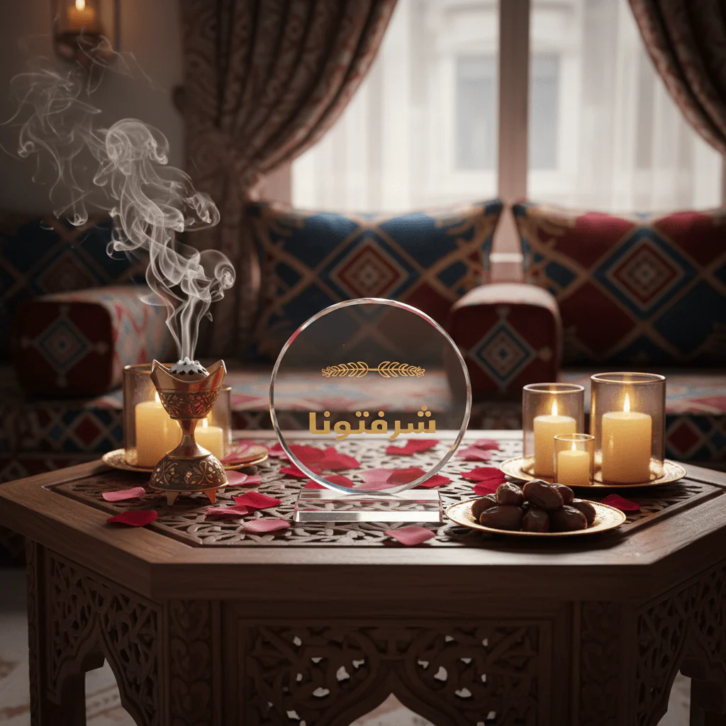 Crystal Glass Table Decor with Gold Arabic Sharaftuna Calligraphy Design - 12.5 x 14 cm - Image 2