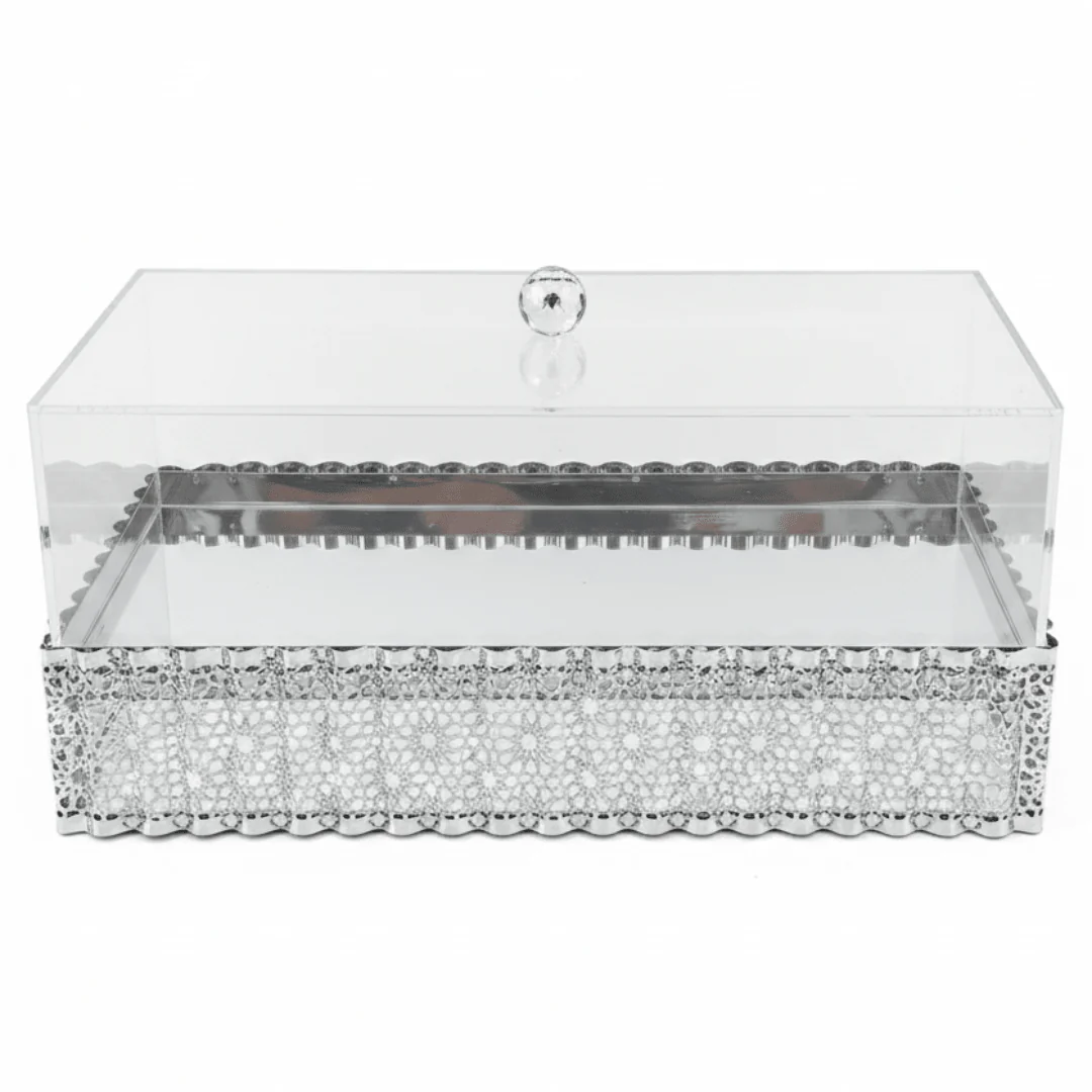 CrystalServe Premium Rectangle Silver Snack Serving Tray with Transparent Acrylic Lid – 36 × 16.5 cm