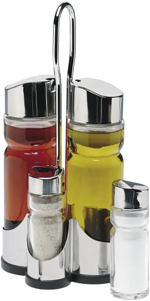 Cuisine Art 5-Piece Condiment Set - Stainless Steel Stand & Lids - Oil, Vinegar & Spice Jars - Image 3