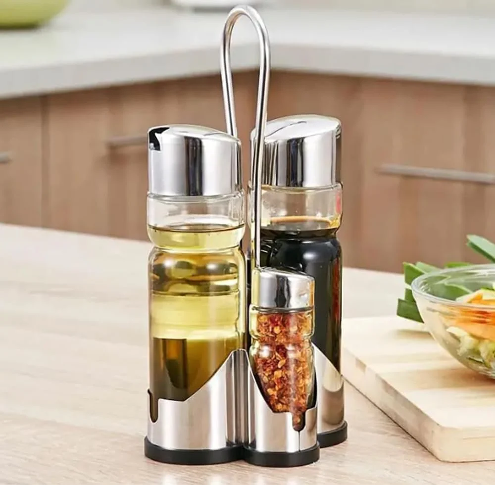 Cuisine Art 5-Piece Condiment Set - Stainless Steel Stand & Lids - Oil, Vinegar & Spice Jars - Image 4