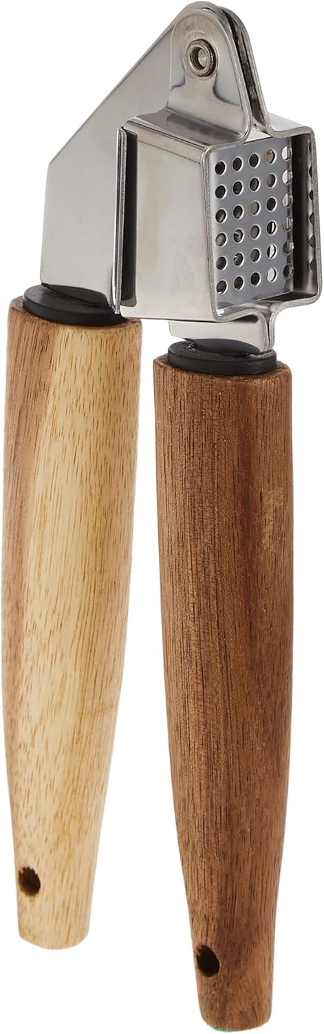 Cuisine Art Stainless Steel Garlic Presser with Acacia Wood Handle-20cm-Silver & Brown