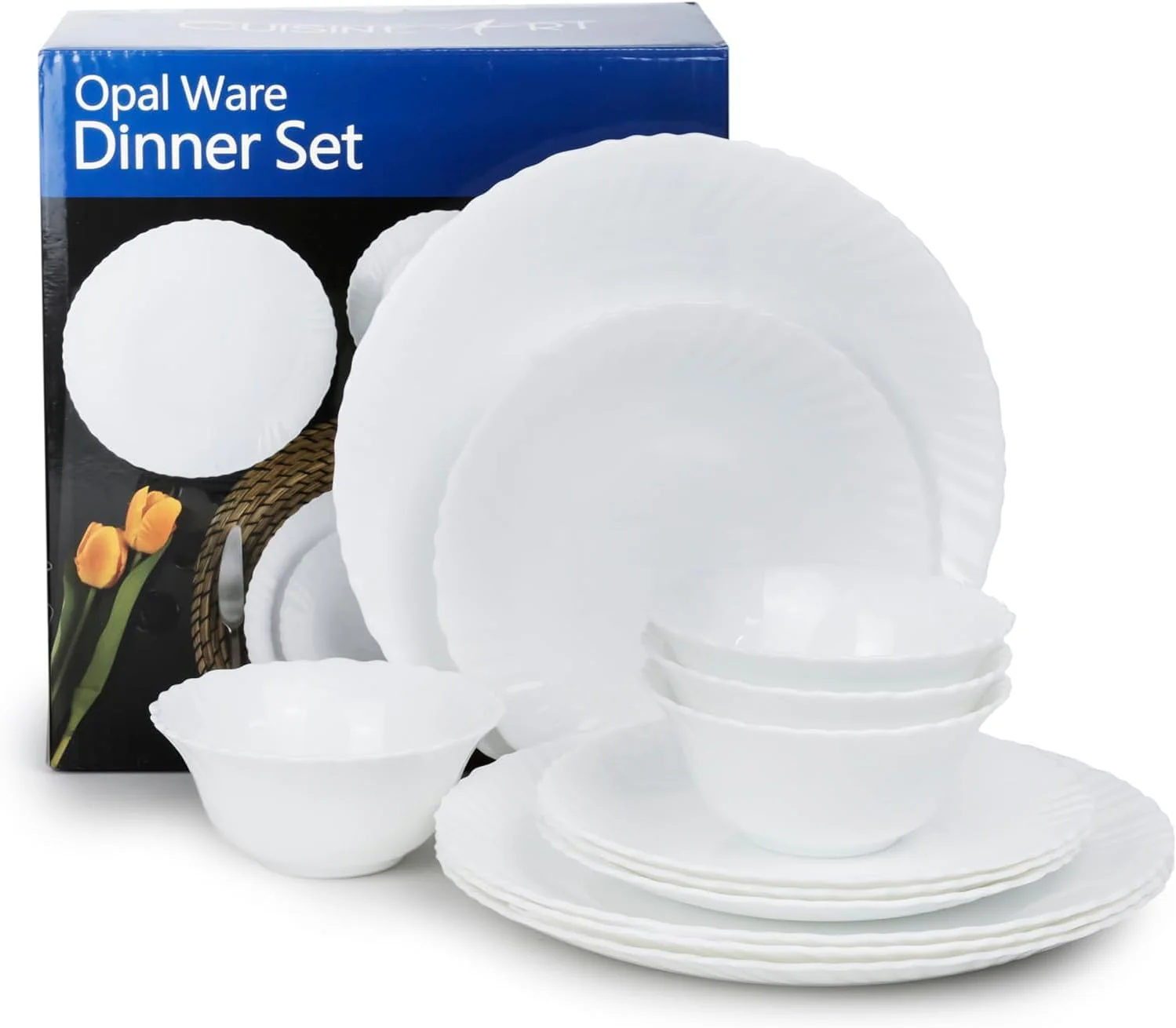 Cuisine Art 12pcs Opalware Dinner Set, 10" Dinner Plate-4pcs, 7.5" Desert Plate-4pcs, 5" Bowl-4pcs, White