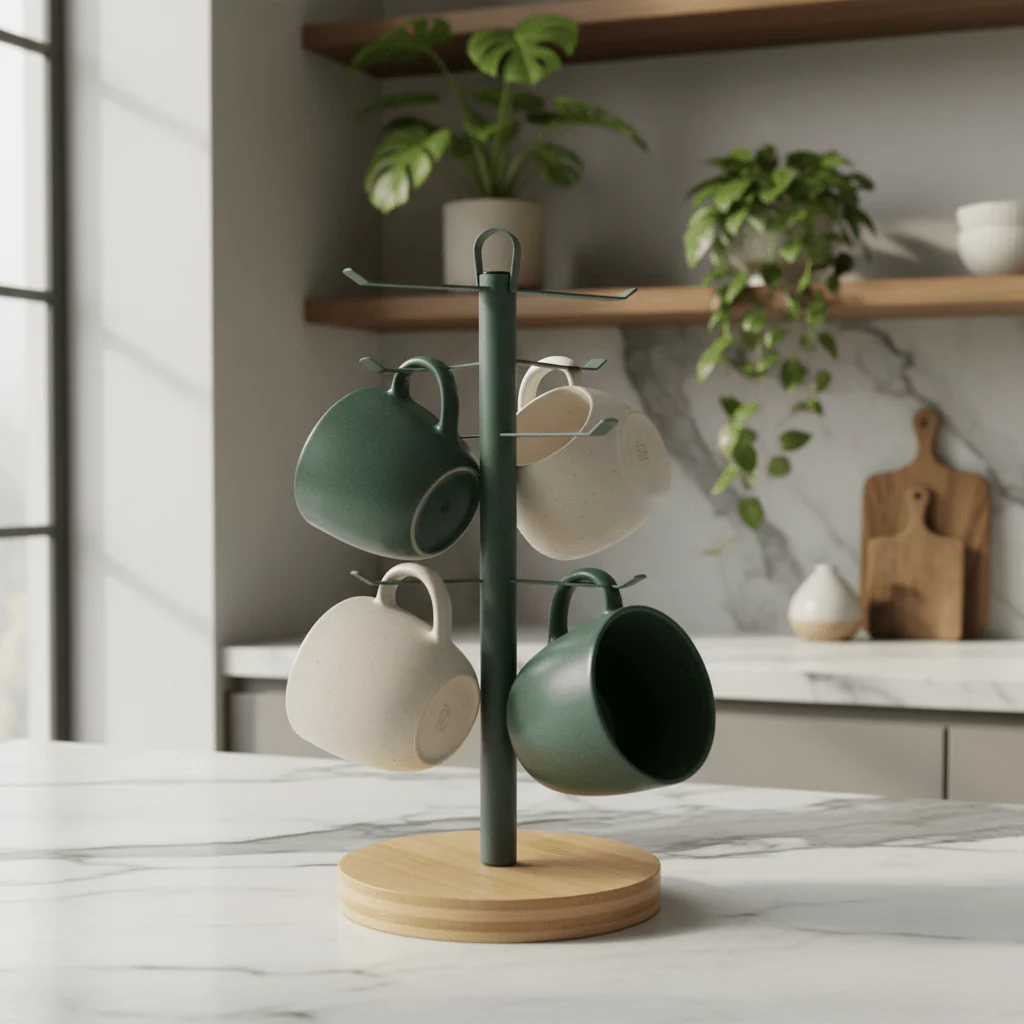 Cusine Industrial Style Grey Metal Cup Holder with Solid Wooden Base for Countertop Mug Organization – 30cm - Image 2