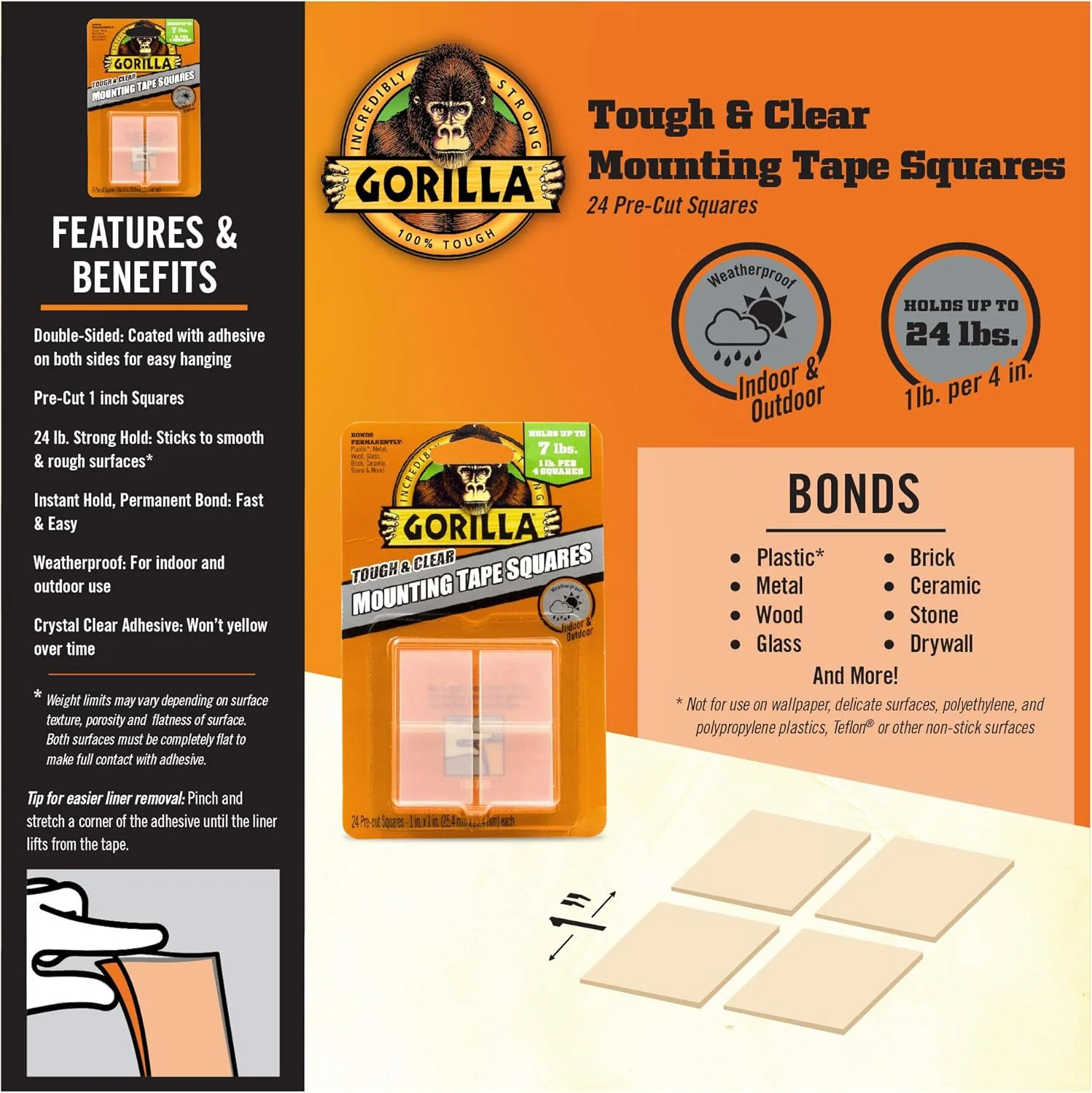 Gorilla Ultra-Strong Clear Mounting Tape Squares – 24 Pre-Cut Adhesive Tabs - Image 3