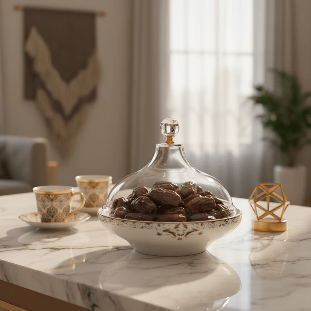 Dallah Addar Elegant White Ceramic Date Bowl with  Acrylic Cover – Perfect for Serving Dates, Sweets and Dry Fruits – 18 × 15 cm - Image 2