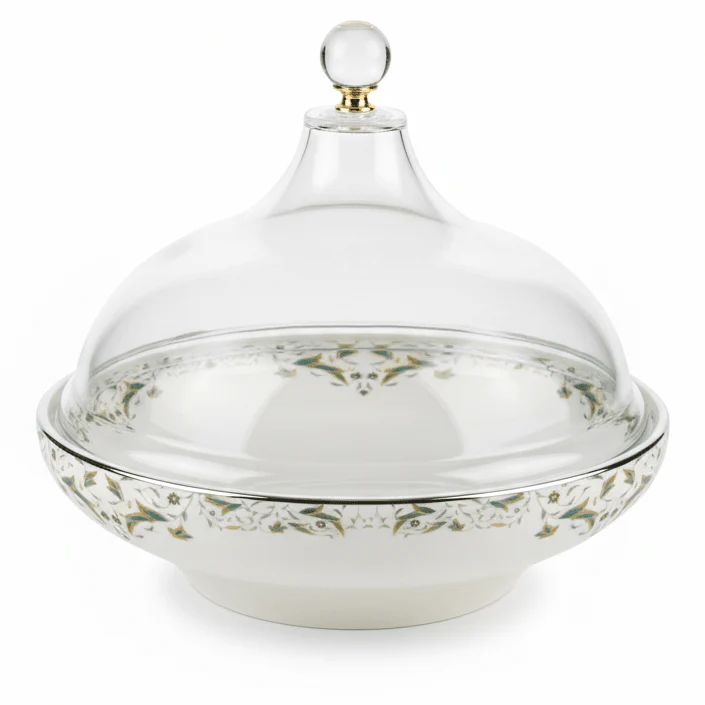 Dallah Addar White Ceramic Date Serving Bowl with Acrylic Cover – Premium Ramadan Date Display Tray for Home, Gatherings and Hospitality – 23 × 18 cm