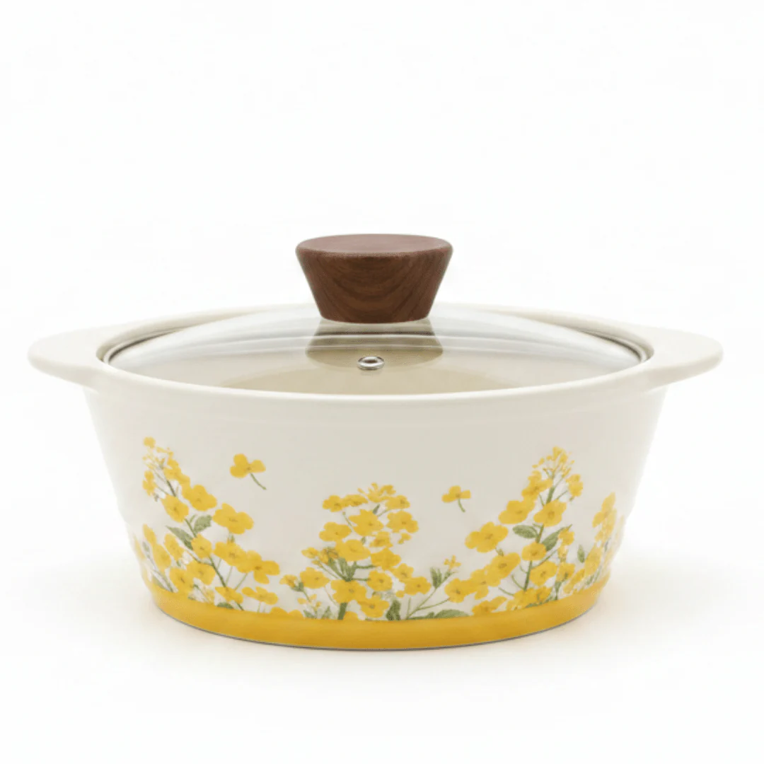 Decetime White Porcelain Soup Pot with Yellow Flower Design & Glass Lid | 850ml