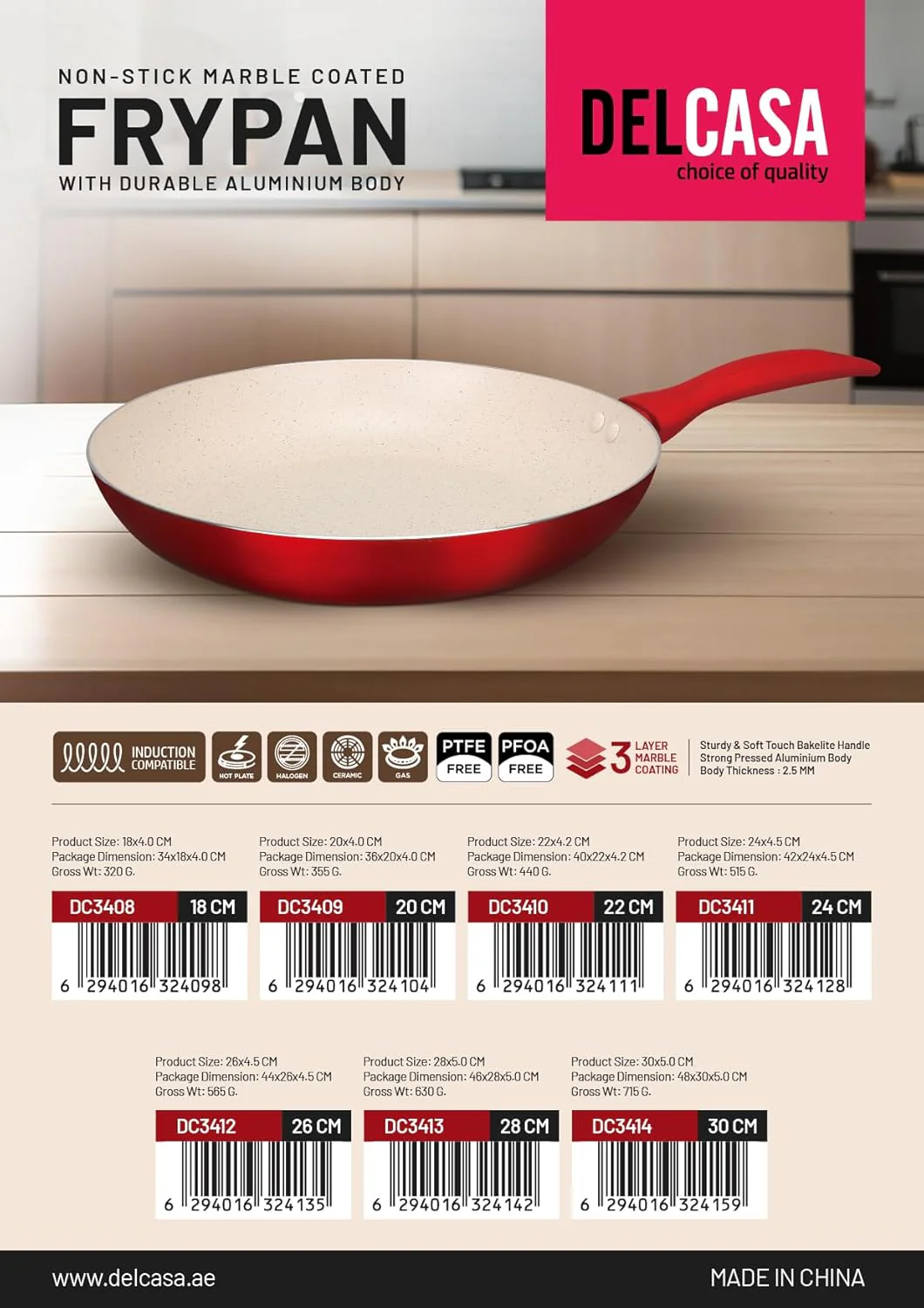 Delcasa DC3410 Non Stick Frypan, 22 cm Size, Off White/Red - Image 5