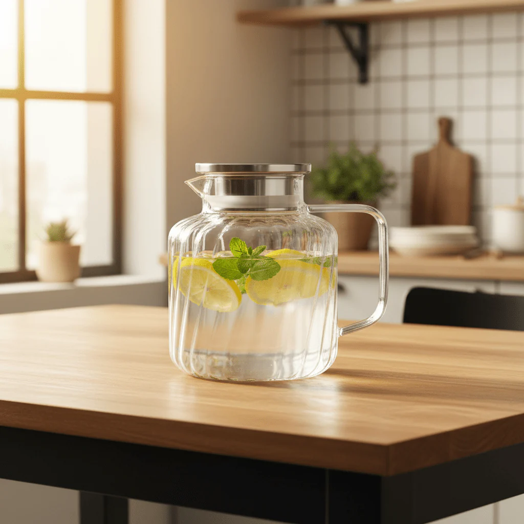 Deli Refined Glass Water Jug with Metallic Silver Lid – Stylish Serving Carafe (1.65 L) - Image 2