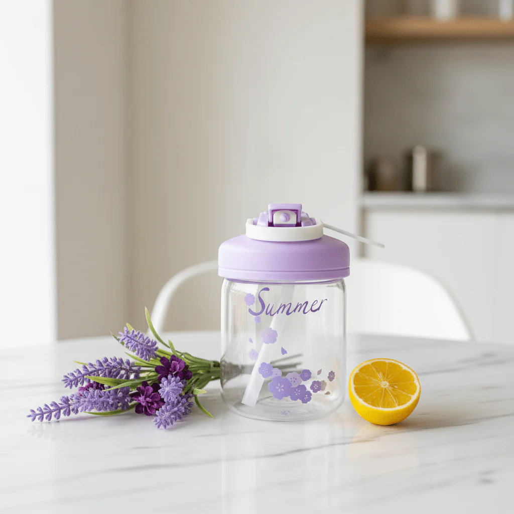Delsoga Clear Glass Bottle with Straw & Purple Lid for Cold Drinks – 400 ml - Image 2