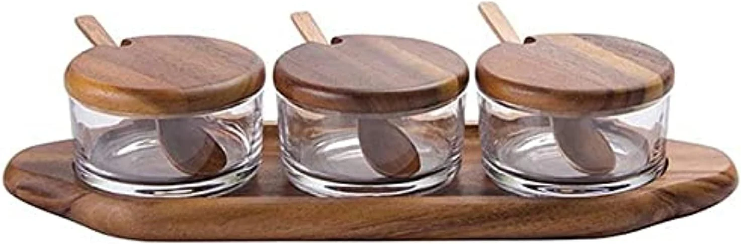 Billi 3-Piece Condiment Set with Acacia Wood Tray, Lid & Spoon — 33.8×10×8.3 cm