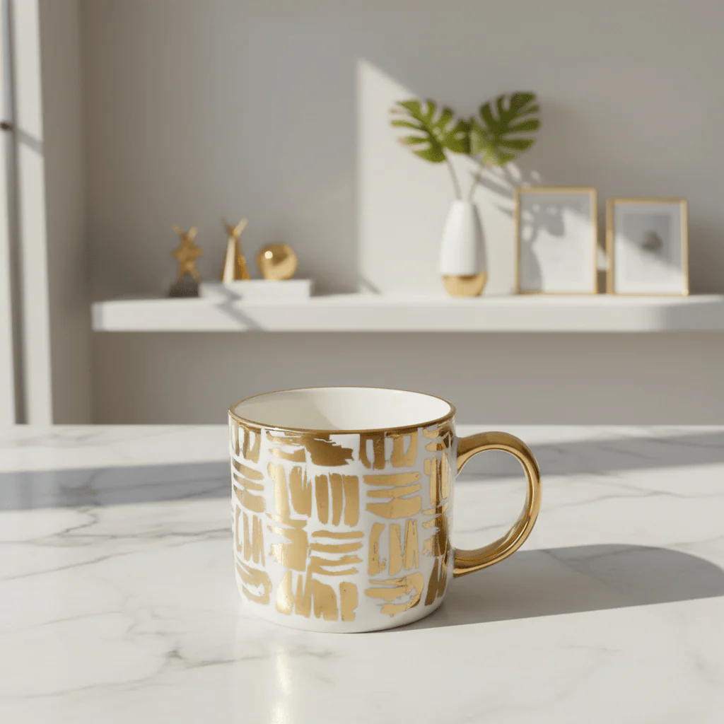 DH White Ceramic Mug with Golden Design & Handle — 350ml - Image 2
