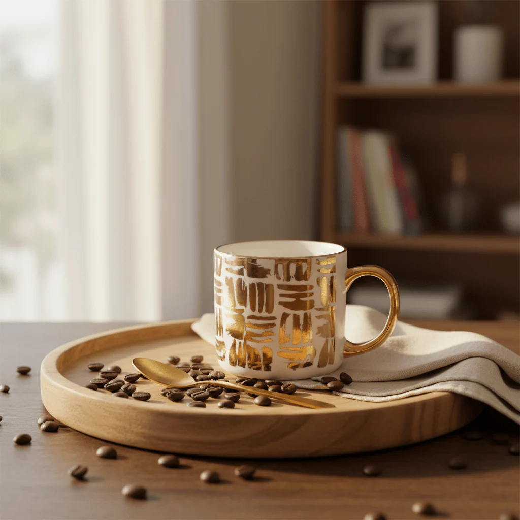 DH White Ceramic Mug with Golden Design & Handle — 350ml - Image 3