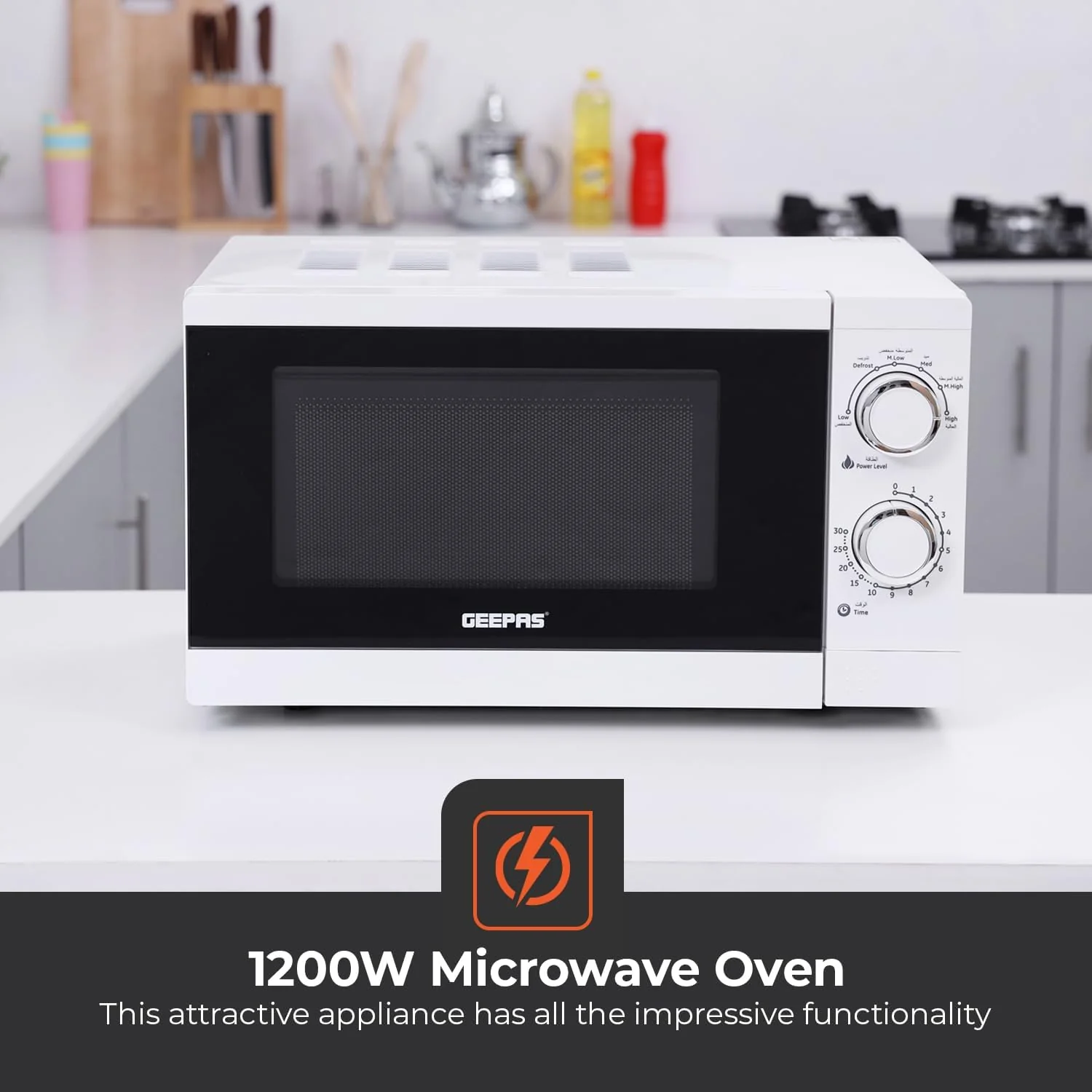 Geepas GMO1894 20L Microwave Oven | 1200W Solo Microwave with 6 Power Levels and a Timer | Cooking Power Control with 2 Rotary Dials & Defrost Settings | White - Image 2