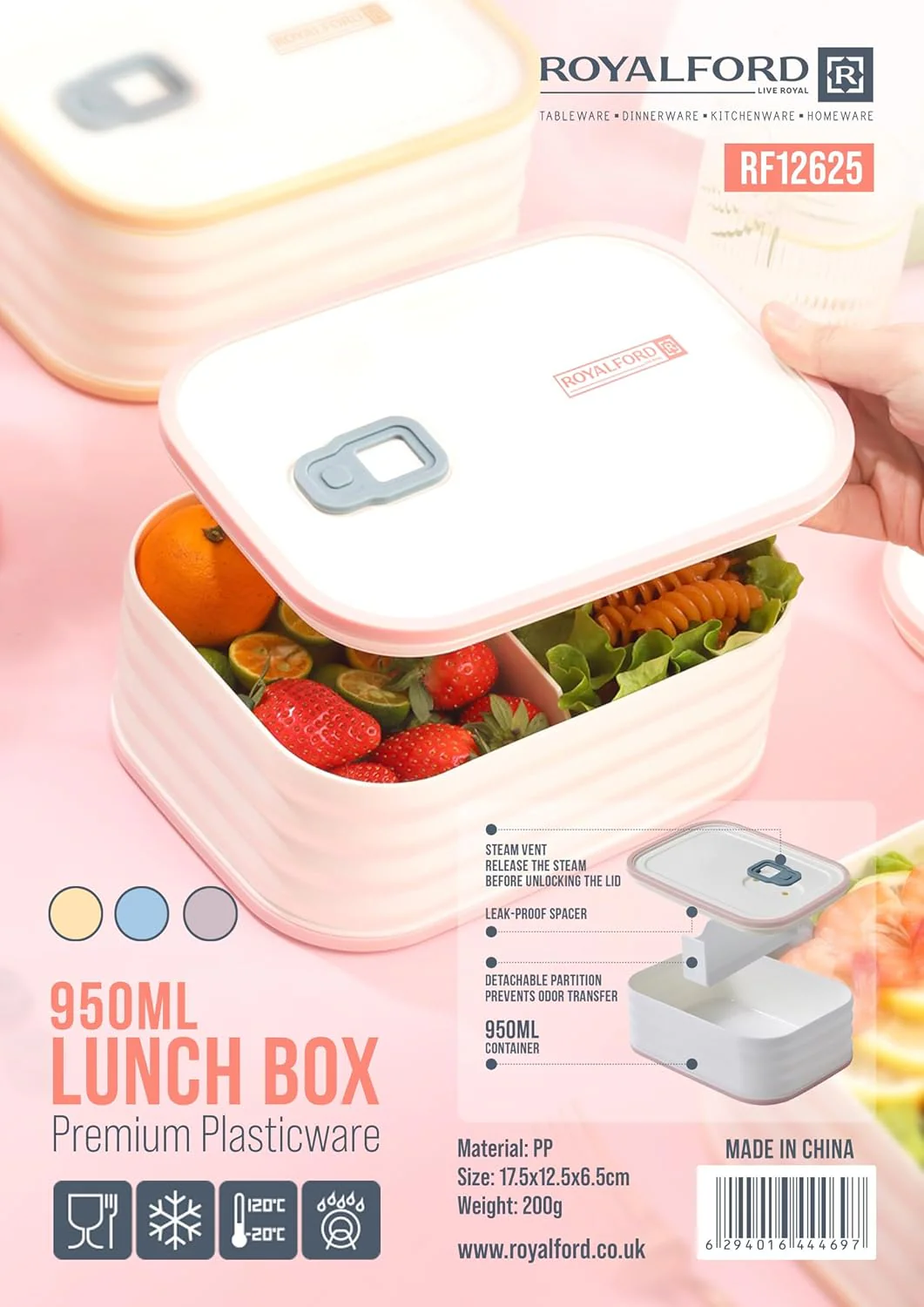 Royalford Lunch Box RF12625 Bento Box Adults/Kids/Toddler 950ML 2 Compartment Microwave Safe Plastic Food Containers Tableware Freezer Safe BPA Free Steam Vent - Image 5