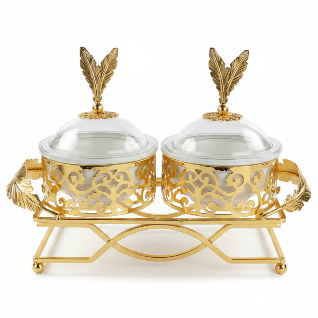 Elegant 2-Section White Ceramic Candy Bowl with Luxury Gold Metal Holder & Lid – Premium Serving Tray for Chocolates Snacks and Dry Fruits 25×12 cm