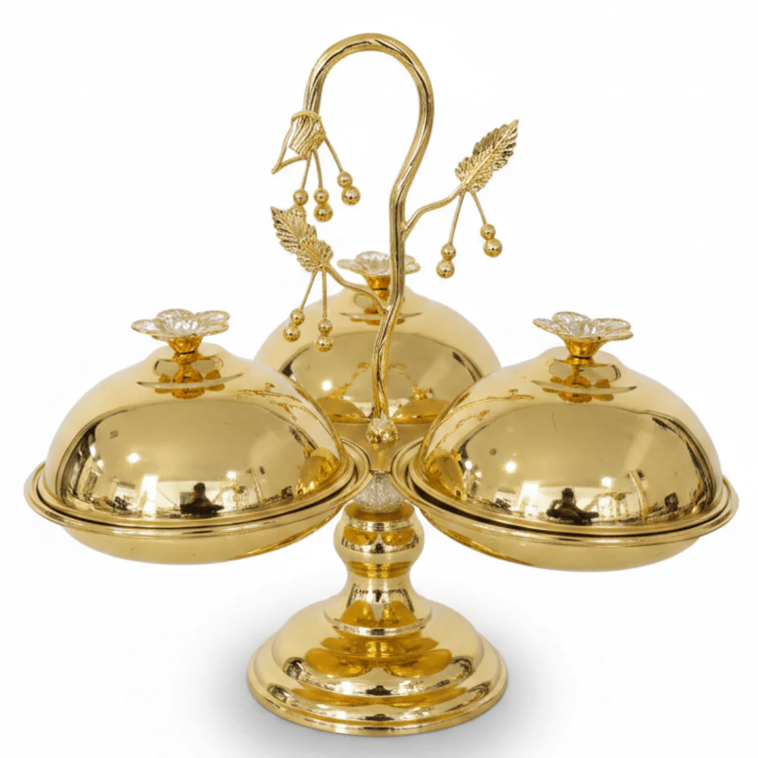 Elegant 3-Section Gold Candy Serving Bowl with Lid β Footed Design for Nuts, Sweets & Dry Fruits β 17 Γ 33 cm