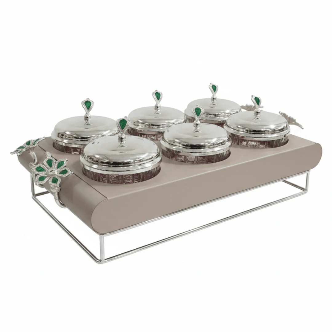 Elegant 6-Section Glass Candy Bowl with Beige Metal Holder & Silver Lid – Luxury Serving Tray for Nuts Chocolates Dates and Dry Fruits 35×24 cm
