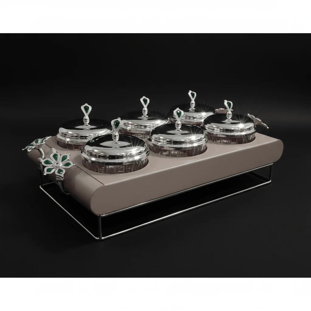 Elegant 6-Section Glass Candy Bowl with Beige Metal Holder & Silver Lid – Luxury Serving Tray for Nuts Chocolates Dates and Dry Fruits 35×24 cm - Image 2