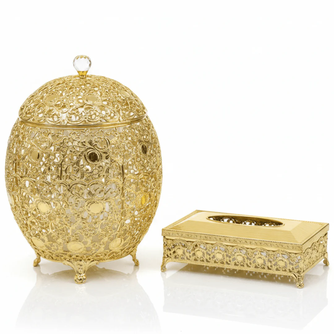 Elegant Acrylic Dustbin with Gold Metal Base and Coordinated Tissue Box Set – Luxury Home Accessory – 36 × 21 cm & 26 × 13 cm
