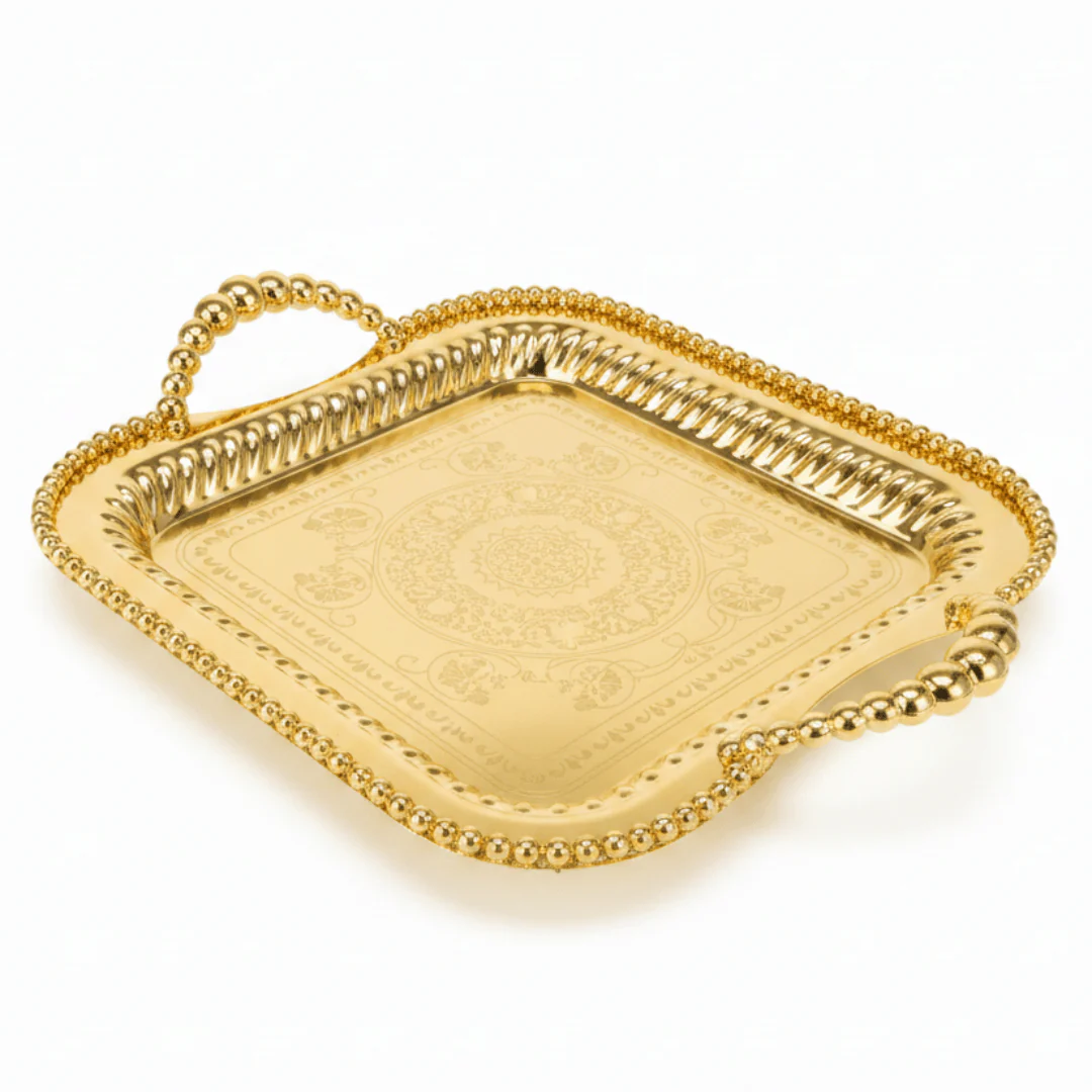 Elegant Gold Square Metal Serving Tray with Handles – 30cm