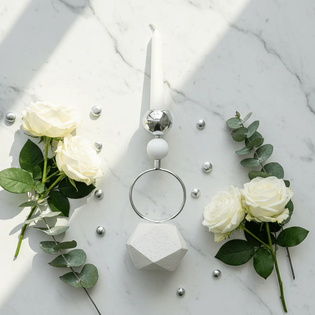 Elegant Silver Metal Candle Holder with White Chalk Base for Home Décor – 23cm - Image 3