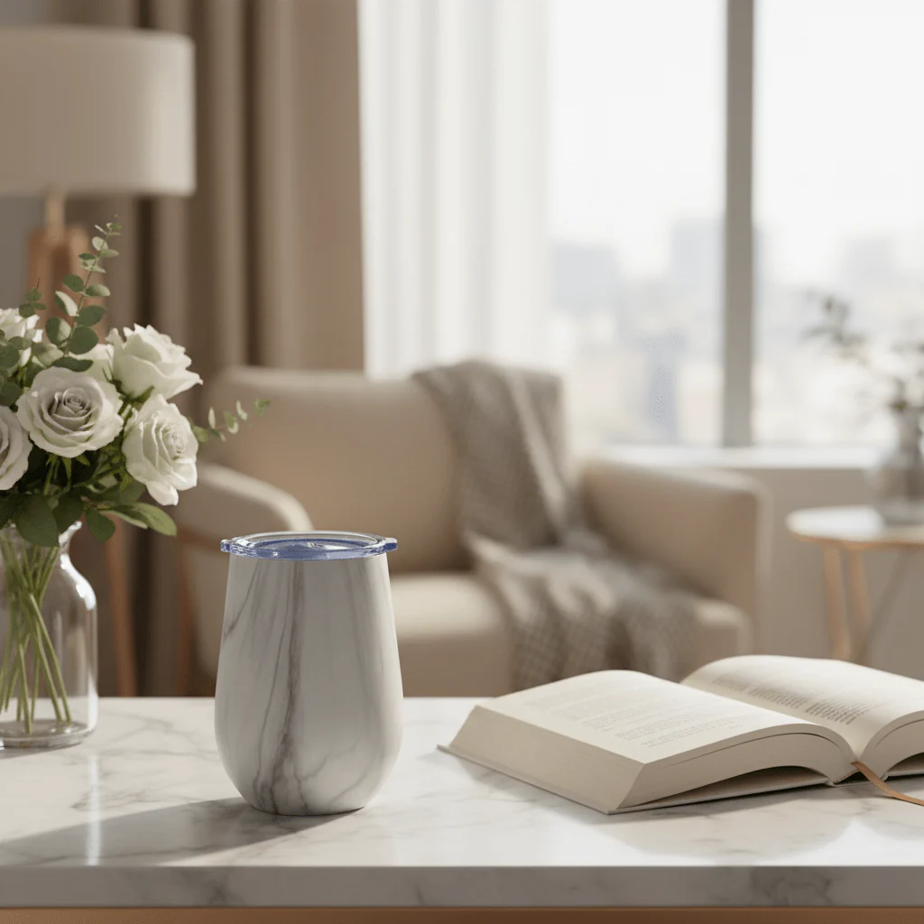 Elegant White Marble Stainless Steel Vacuum Cup with Lid | 360ml - Image 2
