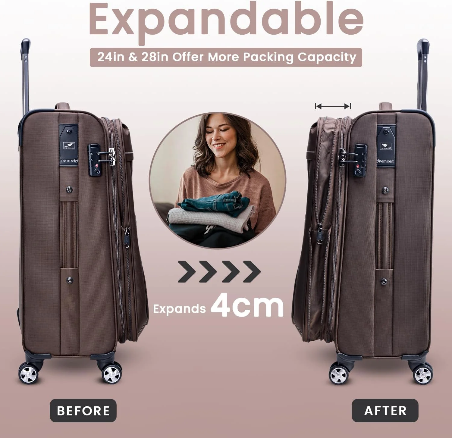 Eminent V6093SZ Expandable Soft Luggage Trolley – Polyester Carry-On Suitcase with TSA Lock & Double Spinner Wheels, Camel, 20-Inch - Image 3