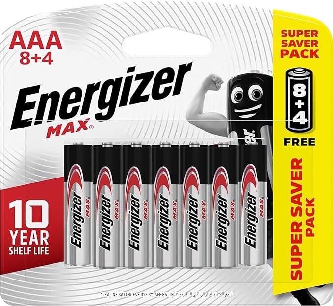 ENERGIZER MAX AAA Alkaline Battery 1.5V, Pack of 8+4