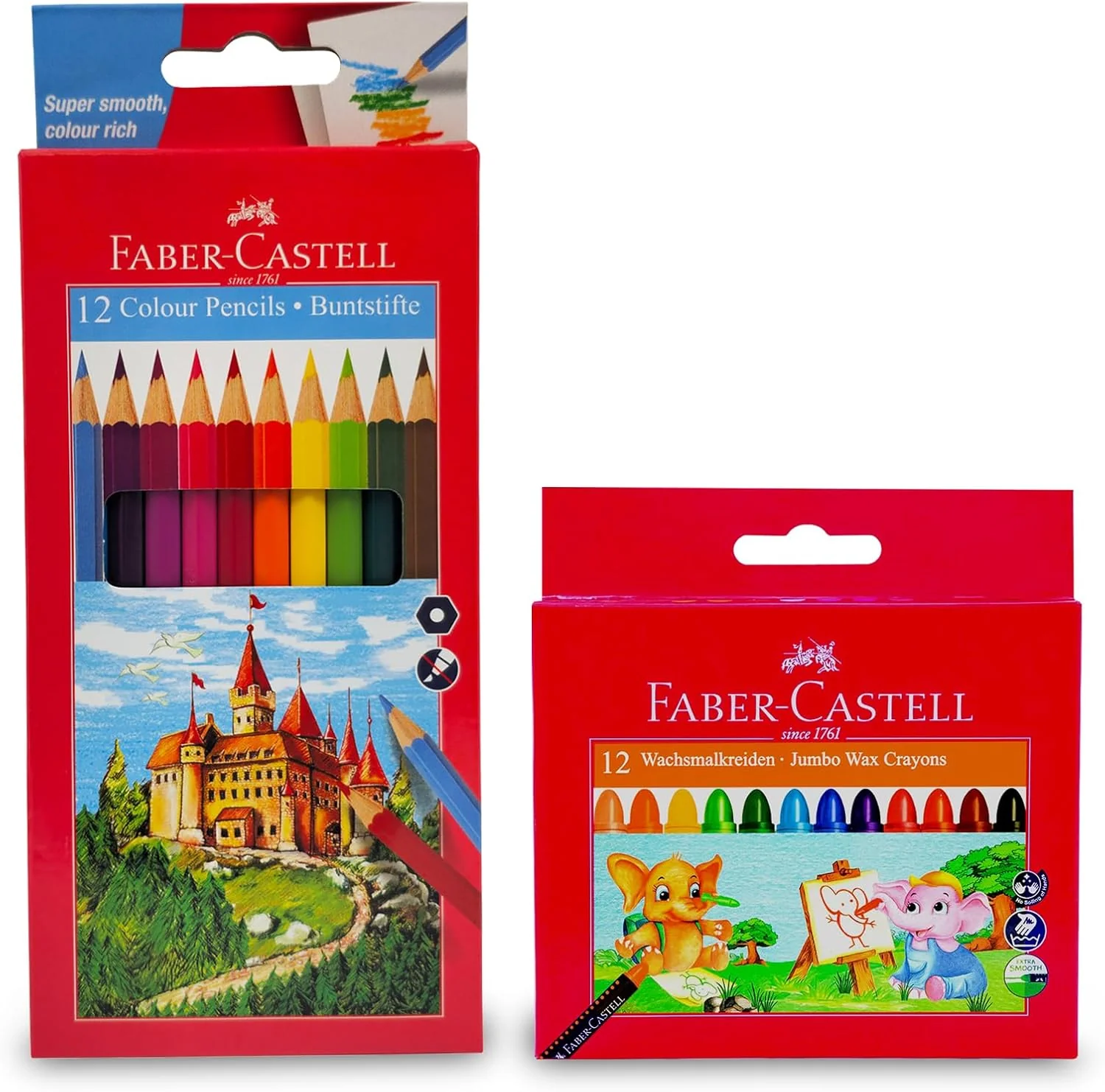 Faber-Castell Color Pencil 12 Colours + Washable Jumbo Wax Crayons 12 Colours, Draw And Sketch With This Amazing Set