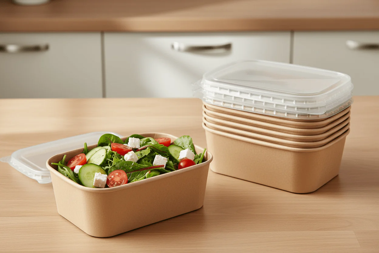 Falcon 6pcs Kraft Rectangular Salad Bowl with Lid 1000ml - Image 2