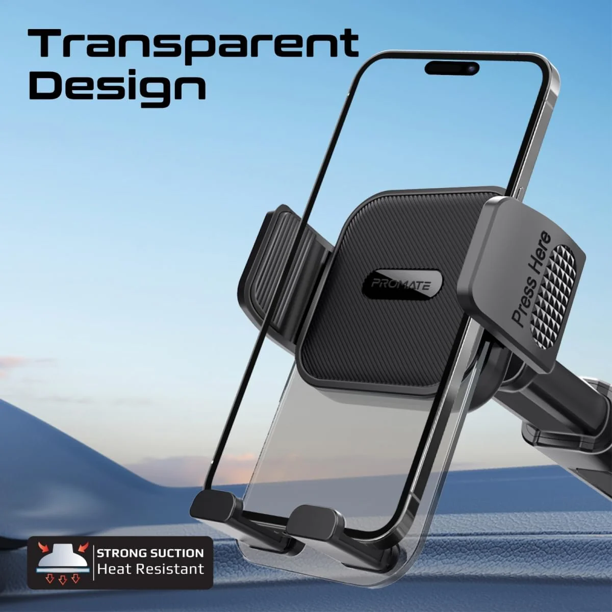 Promate Transparent Car Mount with Intelligent Auto-Clamping Cradle Design, Versatile Mounting Options, Multi-Angle Support, Extendable Arm, and One Touch Release for iPhone 17/14, TransHold-EXT - Image 2