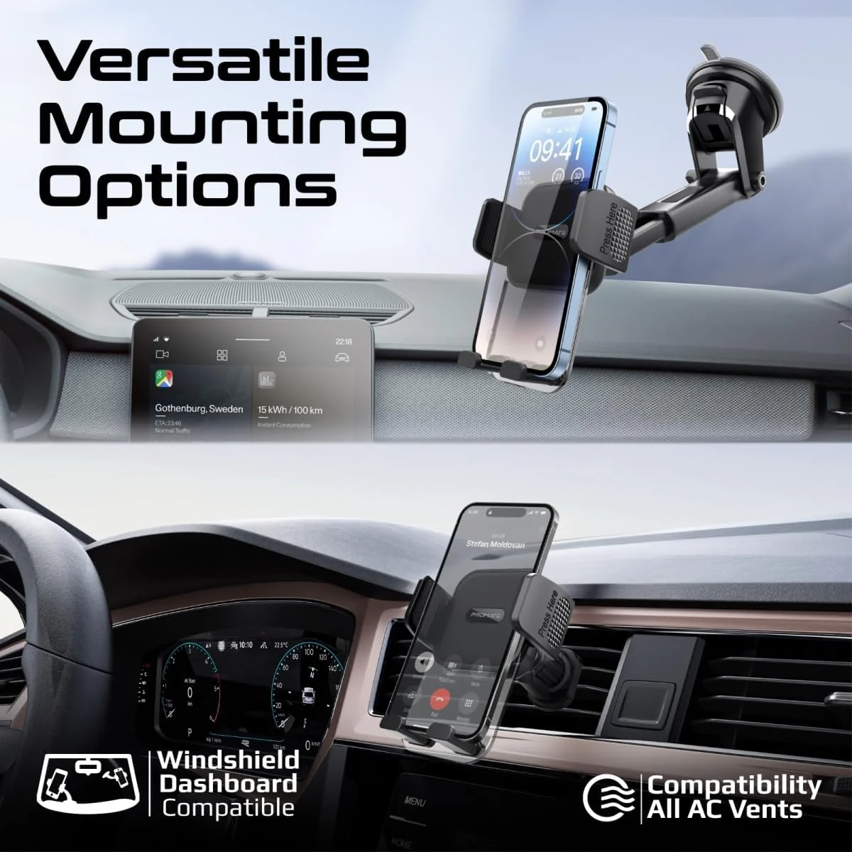 Promate Transparent Car Mount with Intelligent Auto-Clamping Cradle Design, Versatile Mounting Options, Multi-Angle Support, Extendable Arm, and One Touch Release for iPhone 17/14, TransHold-EXT - Image 3