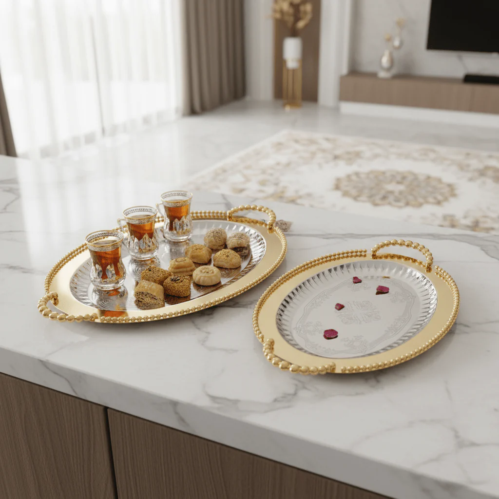 Pilsco 2-Piece Golden Oval Serving Tray Set | Stainless Steel | 38×27cm & 46×32cm - Image 3