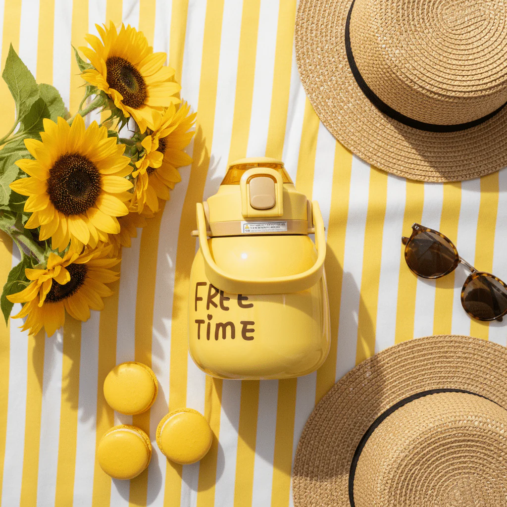 Free Time Edition Yellow Stainless Steel Vacuum Insulated Bottle with Durable Blue Handle 1000ml - Image 3