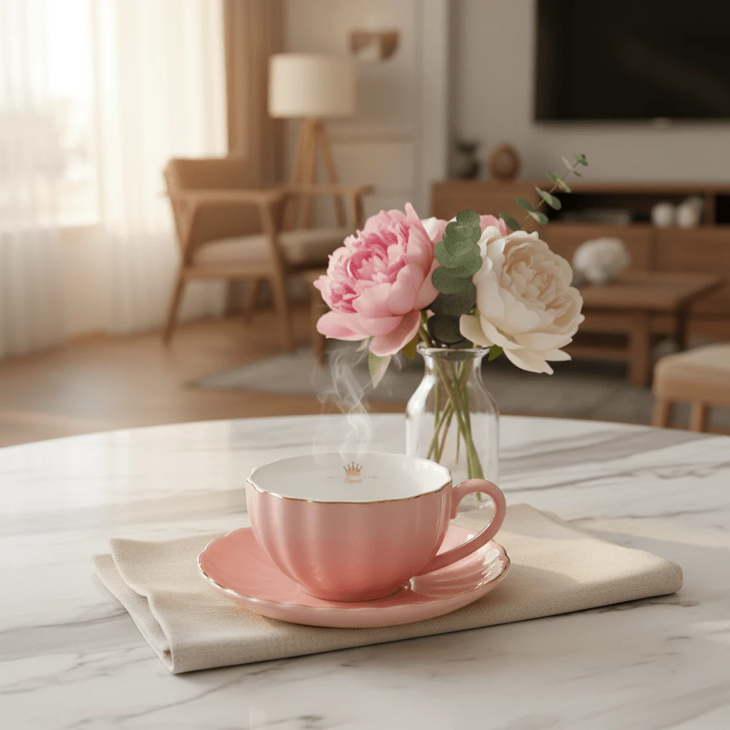 Fresh Life Pink Ceramic Cup & Saucer Set — 260ml | Blush Pink with Gold Rim - Image 2