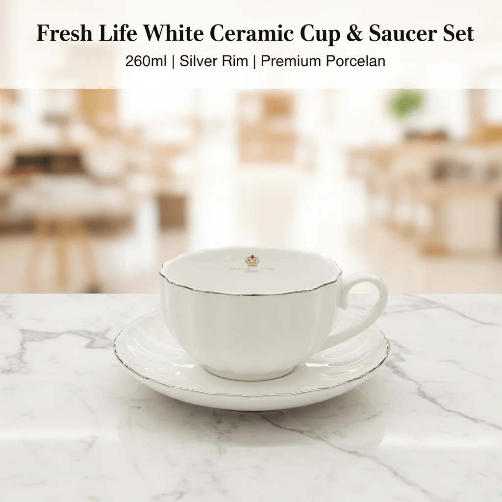 Fresh Life White Ceramic Cup & Saucer Set — 260ml - Image 3