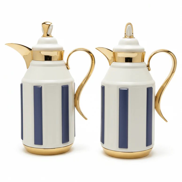 Fursan Premium 2-Piece Vacuum Flask Set 1+1L White & Gold with Blue Accent Model 1