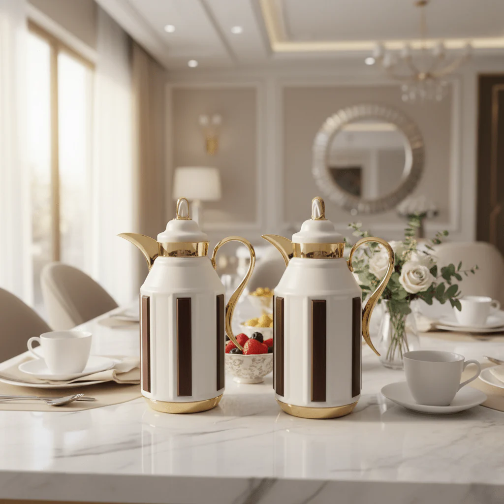 Fursan Premium 2-Piece Vacuum Flask Set 1+1L White & Gold with Brown Accent Model 1 - Image 2