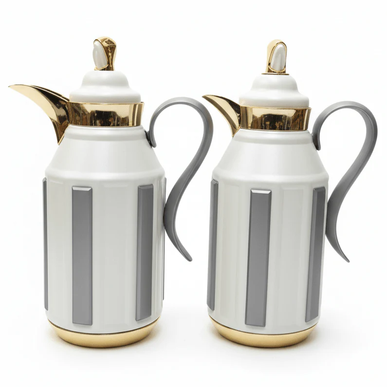 Fursan Premium 2-Piece Vacuum Flask Set 1+1L White & Gold with Grey Accent Model 2