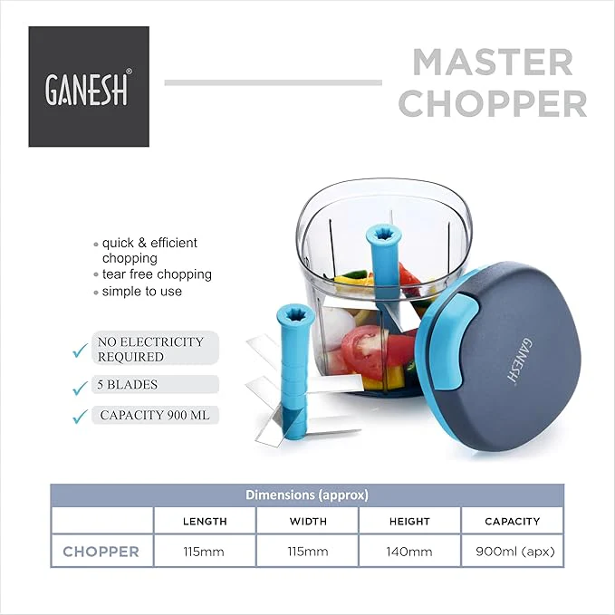 Ganesh Multipurpose Plastic Vegetable Master Chopper with 5 Stainless Steel Blades Blades for Effortlessly Chopping Vegetables and Fruits for Your Kitchen, XL Large Jumbo Chopper (900 Ml) - Image 2