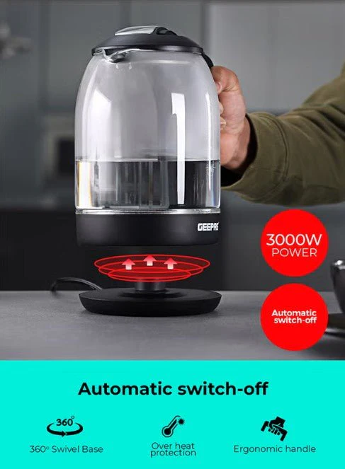 Geepas 1.8 liter Electric Glass Kettle| Boil Dry Protection and Automatic Cut-Off | Perfect for Boiling Water, Milk, Tea| 1500 W Cool Touch Handle, Rotational Base, and Easy Clean Wide Opening GK9901B - Image 3