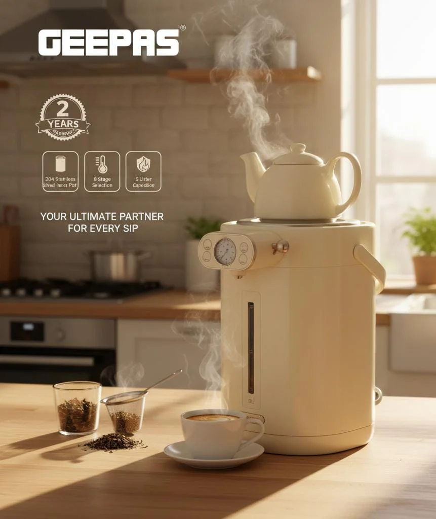 GEEPAS 5L Electric Thermo Pot GEV27026 – 8-Stage Temperature Control Hot Water Dispenser, Large Capacity Boiler with Safety Lock, Ideal for Tea, Coffee, Soups & Instant Meals