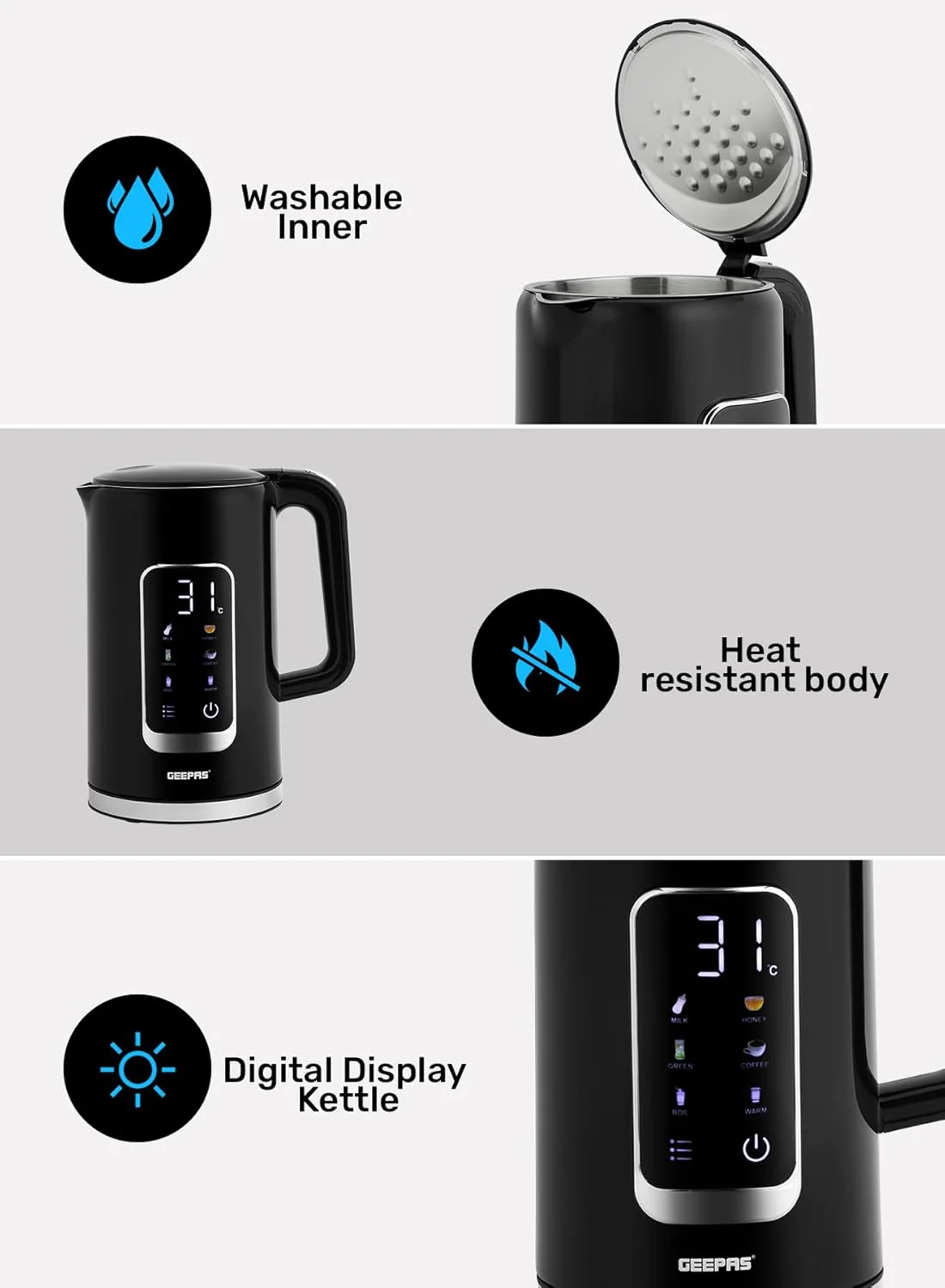 Geepas Double Layer Kettle, Black, GK38052|1.7L Digital Display Kettle Dry Boiling Protecction/Quick Boil Water, Tea and Coffee Maker-2200 Watts - Image 4
