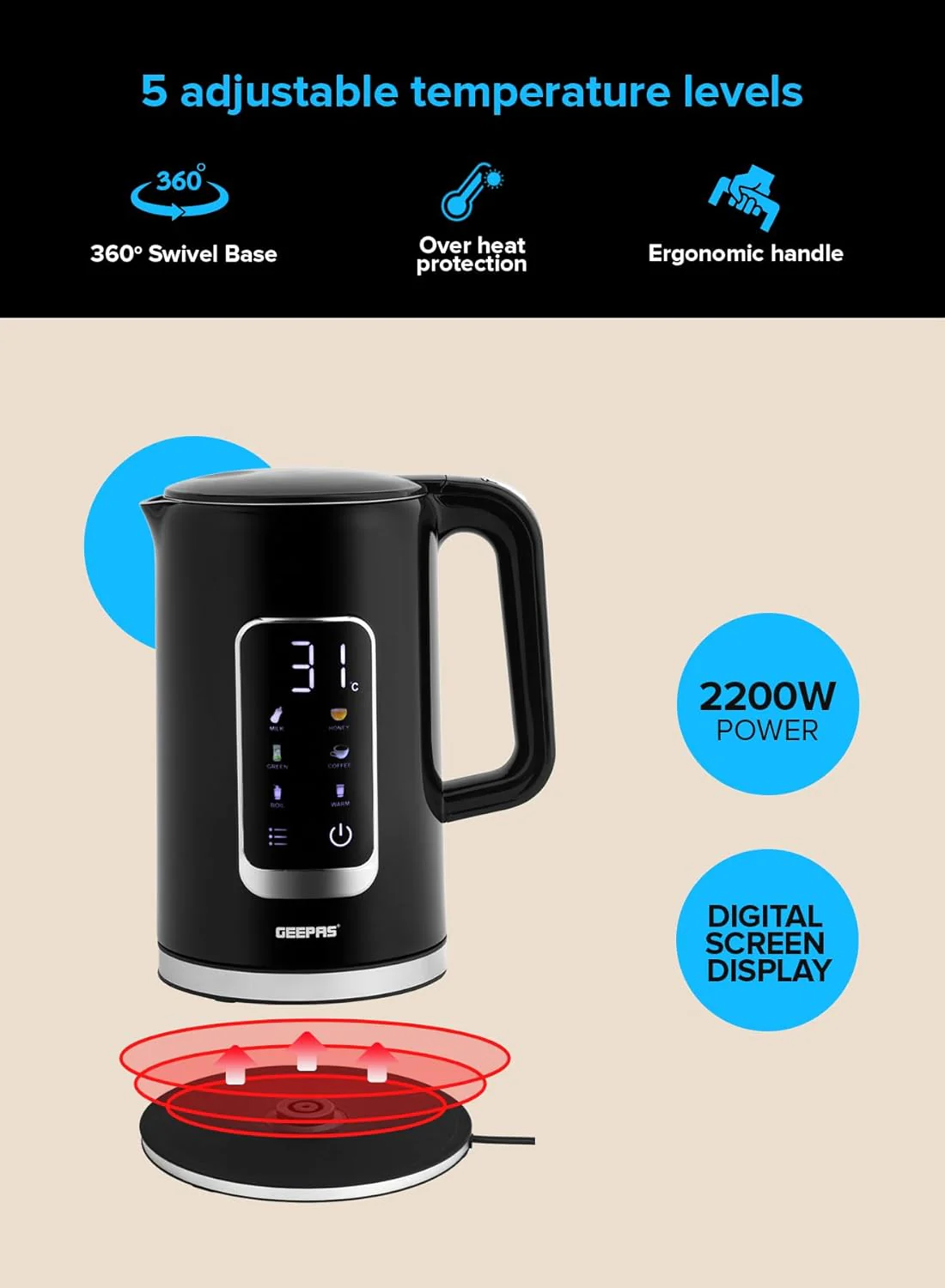 Geepas Double Layer Kettle, Black, GK38052|1.7L Digital Display Kettle Dry Boiling Protecction/Quick Boil Water, Tea and Coffee Maker-2200 Watts - Image 8