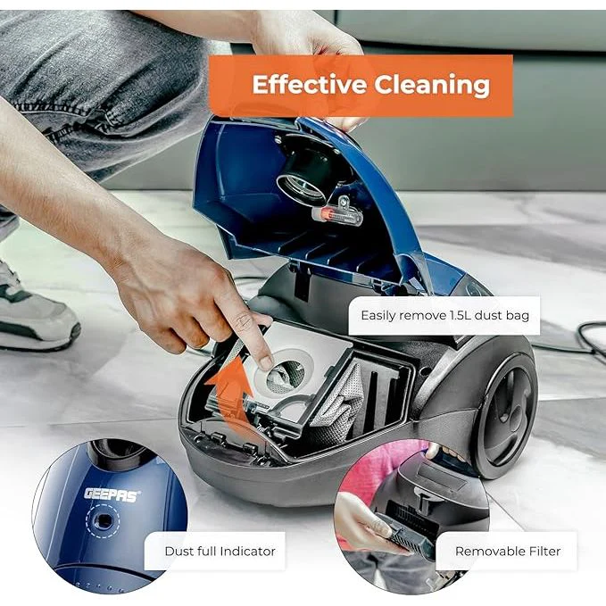 Geepas Vacuum Cleaner |GVC2595-Handheld & Stick, 1.5L Dust Bag Capacity, 1400W Powerful Motor |Comfortable Handle, Rolling wheels with Easy Parking Nozzle and Dust Full Indicator - Image 6