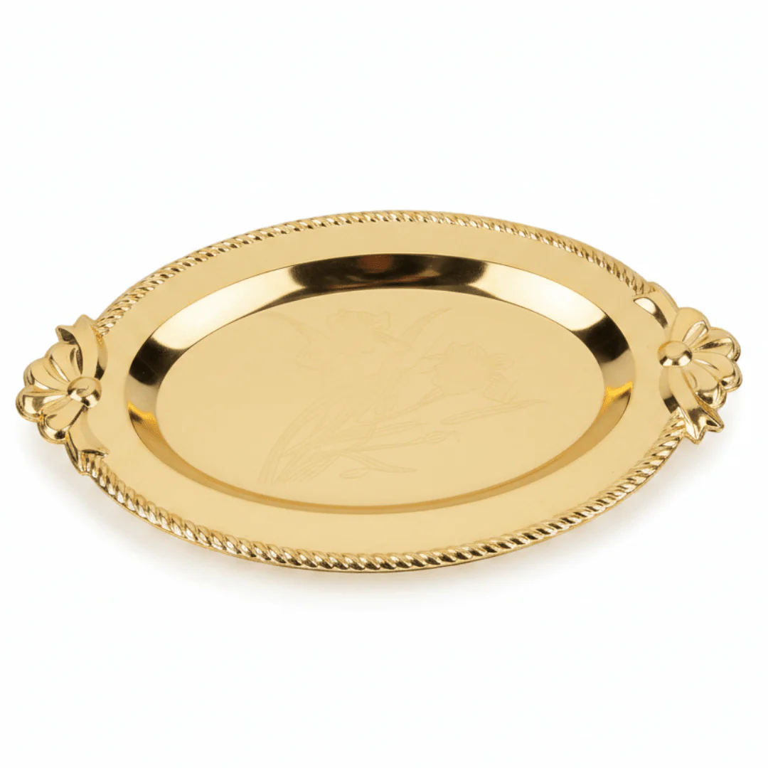 Germax Gold Metal Oval Serving Tray – 27×18 cm | Decorative Hospitality Tray with Floral Handles